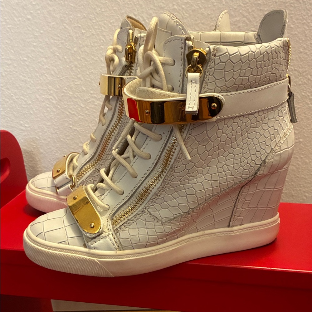 Giuseppe Zanotti White and Gold High-Top Wedge Sneakers Size 39